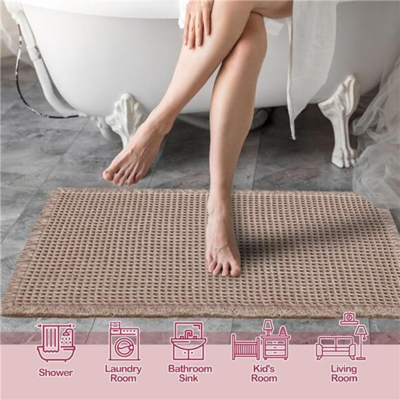 Tan waffle bath mat non slip absorbent bathroom rug soft washable floor mat 18x3 - Picture 2 of 7
